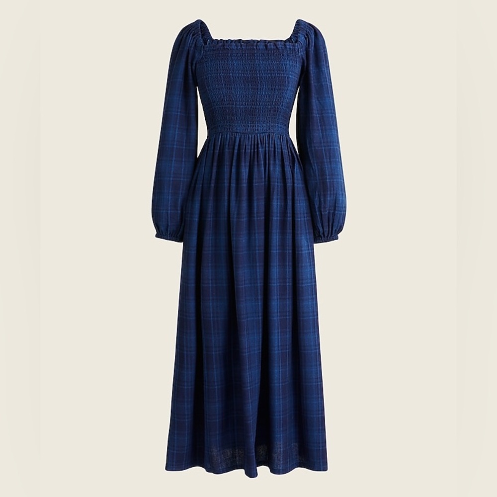 J. Crew Smocked puff-sleeve dress in indigo plaid
